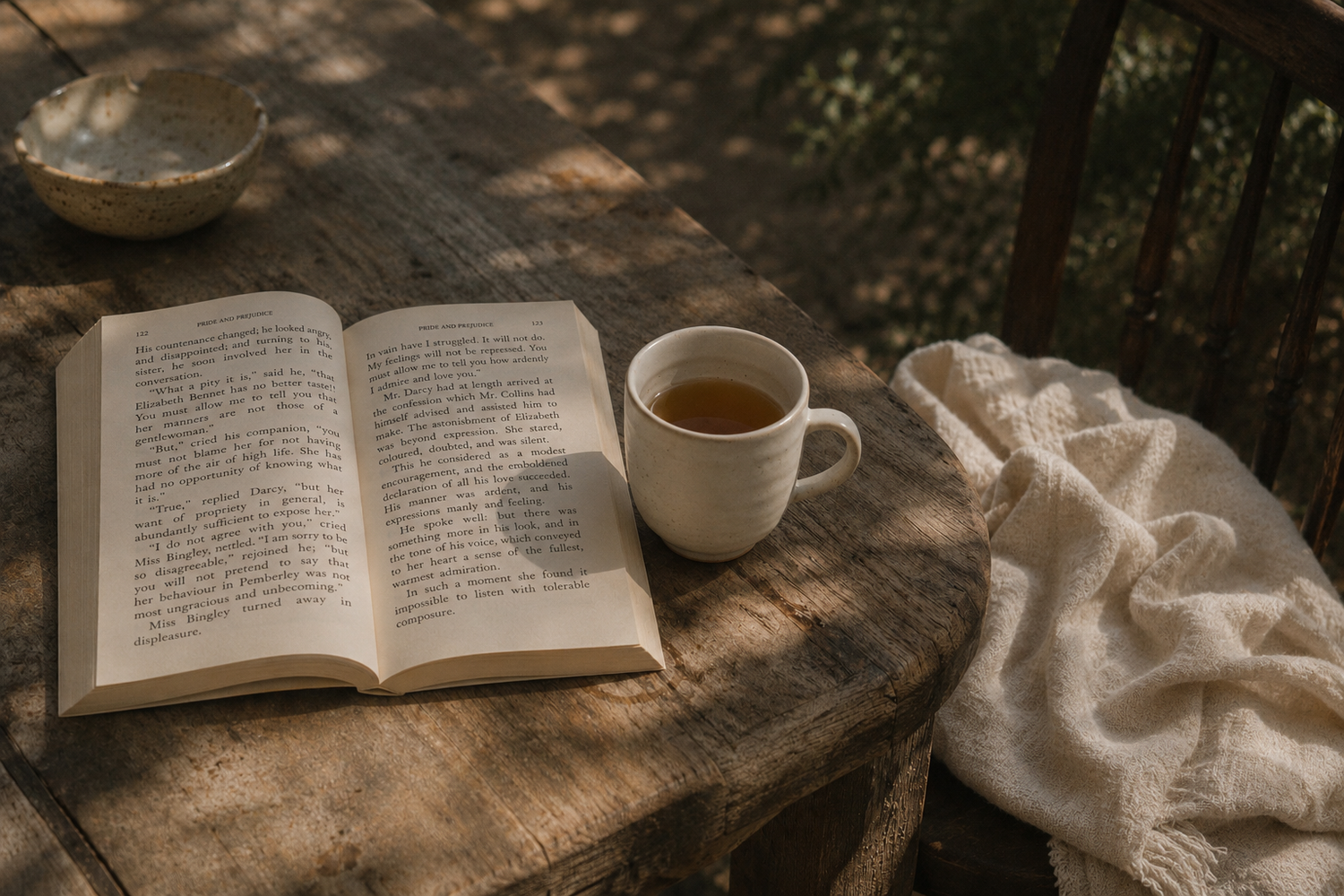 Open book and cup of tea on a wooden table with a blanket and natural light.