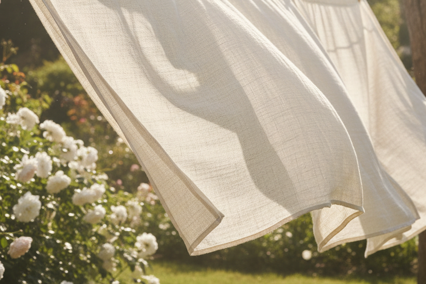 White fabric hanging outdoors with a blurred background of greenery and flowers